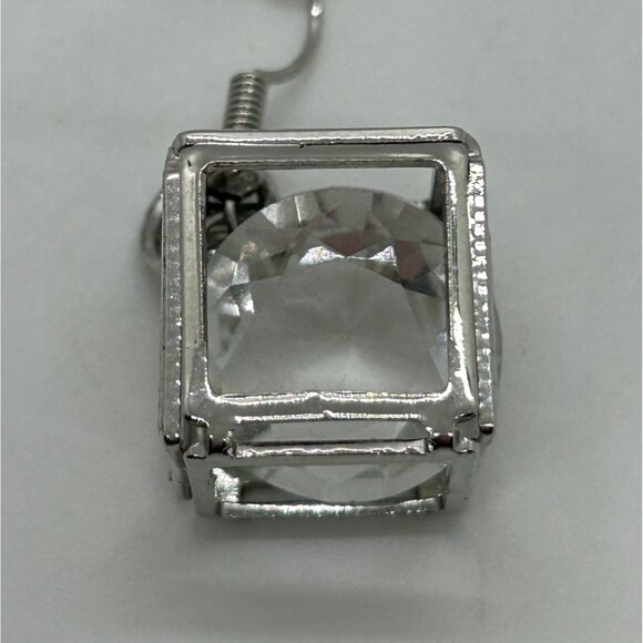Silver-Tone Box Earrings Clear Rivoli Dangles Pierced Hooks Geometric - Picture 9 of 12